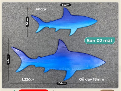 Mô hình cá mập gỗ sơn thủ công 2 mặt [Gỗ dày - 2 Size] MOHINH-PCB-01